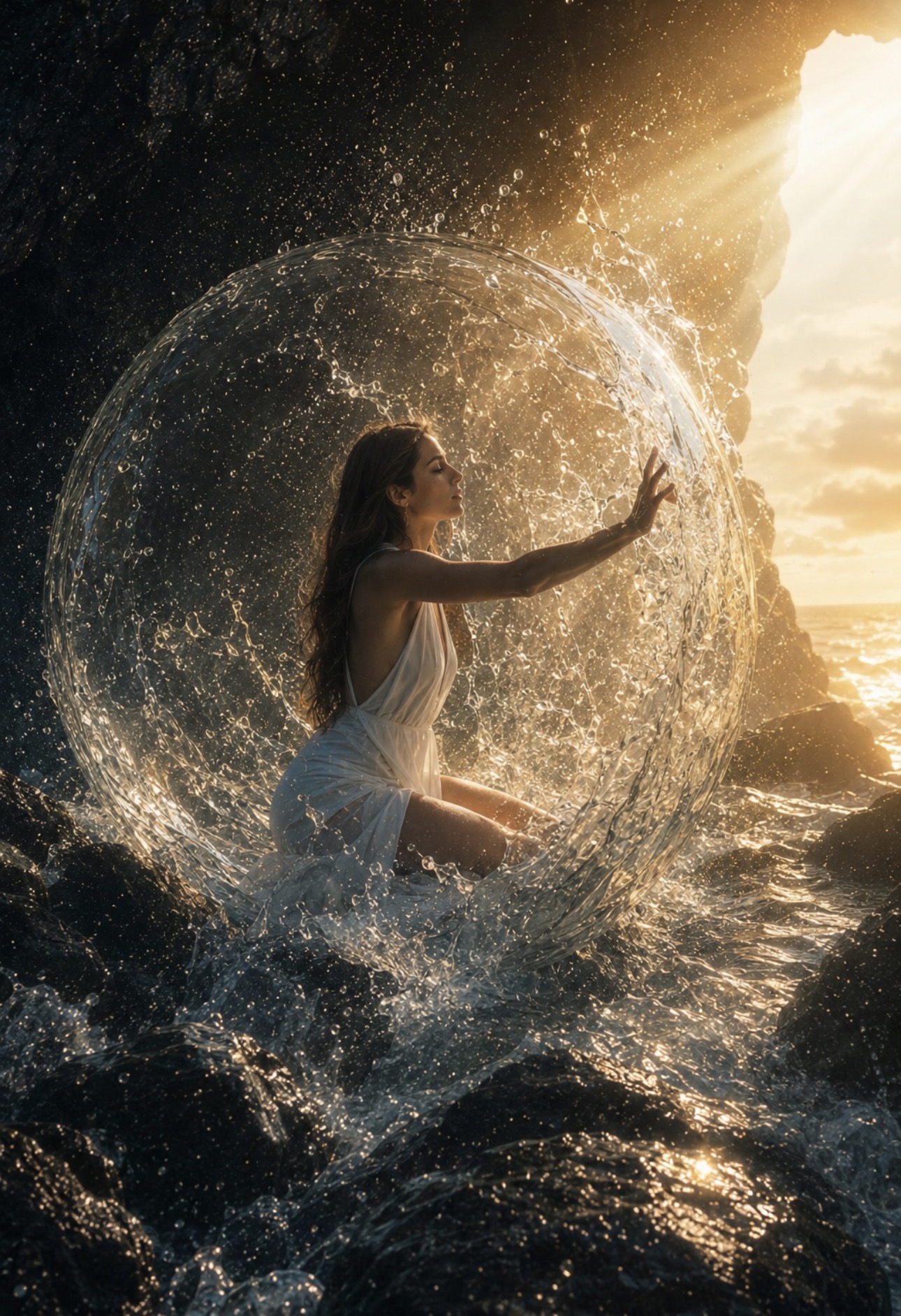 Donna in un abito bianco dentro una bolla d'acqua luminosa al tramonto